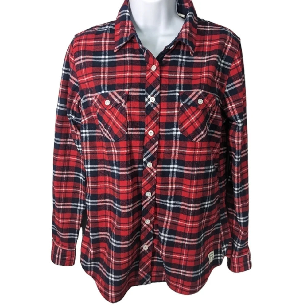 Vintage Plaid Flannel Button Down Shirt Red Blue